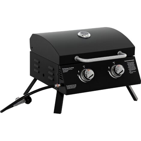 Outsunny 2 Burner Gas BBQ Grill Outdoor Portable Folding Tabletop Barbecue w/ Lid, Thermometer, Carbon Steel, Black