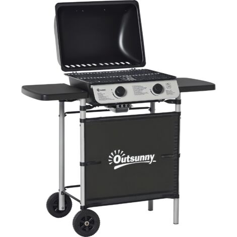 Outsunny 2 Burner Gas BBQ Trolley with Lid, 5.6 kW Gas Barbecue Grill with Wheels, Side Shelves, Black