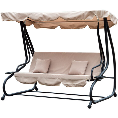 Outsunny 2-in-1 Garden Swing Chair for 3 Person w/ Adjustable Canopy Light Brown