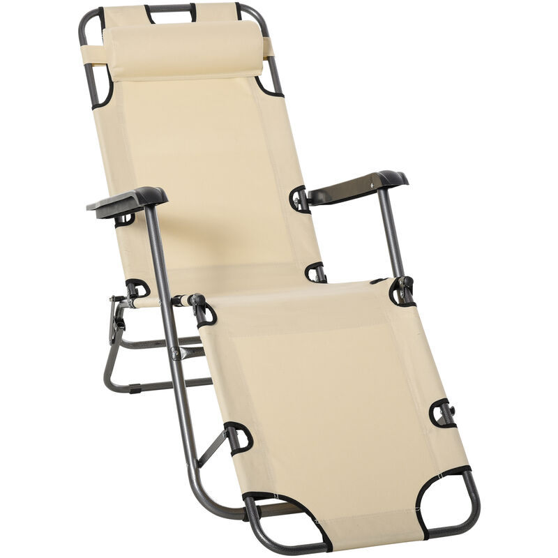 2 in 1 Sun Lounger Folding Reclining Chair Garden Outdoor Camping Adjustable Back with Pillow Beige - Outsunny