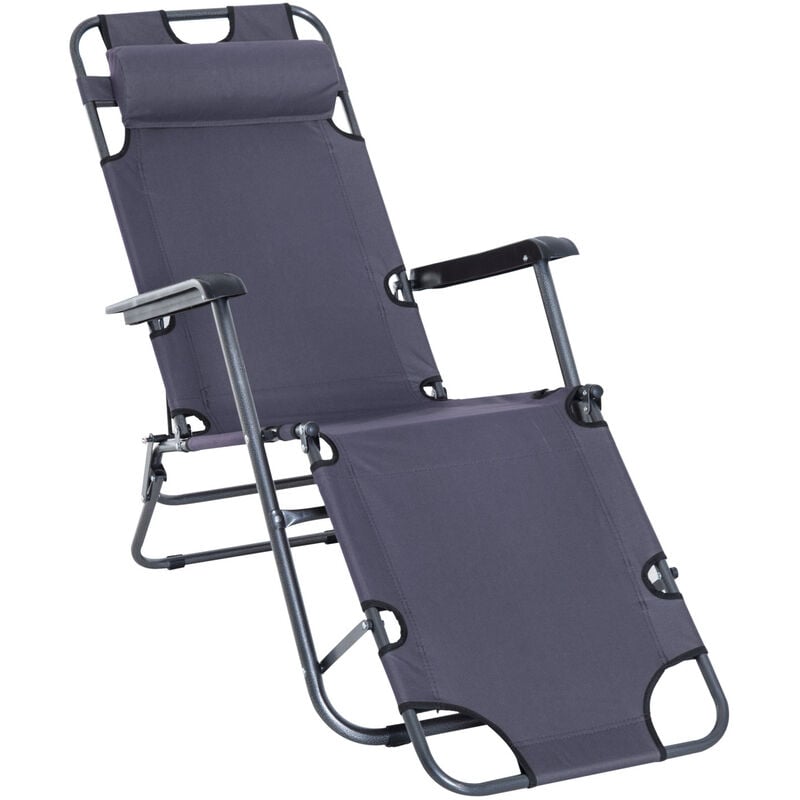 2 in 1 Sun Lounger Folding Reclining Chair Garden Camping Chair - Grey - Outsunny