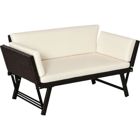 Outsunny 2 in 1Rattan Folding Chaise Lounger w/ Cushion for Garden Brown,Cream White