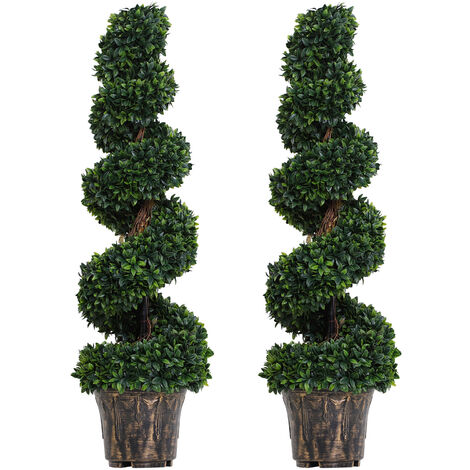 Outsunny 2 Pack Artificial Boxwood Spiral Tree Decorative Plant w/ Nursery Pot