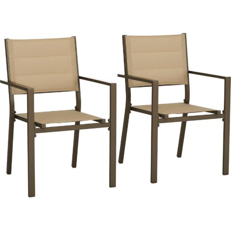 Outsunny 2 PCs Dining Chairs, Stackable Design Aluminium Outdoor Armchairs Khaki