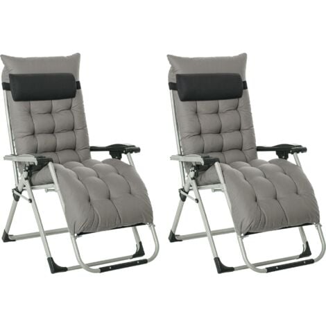 Outsunny 2 PCS Reclining Zero Gravity Chair Folding Lounger Cushion Dark Grey