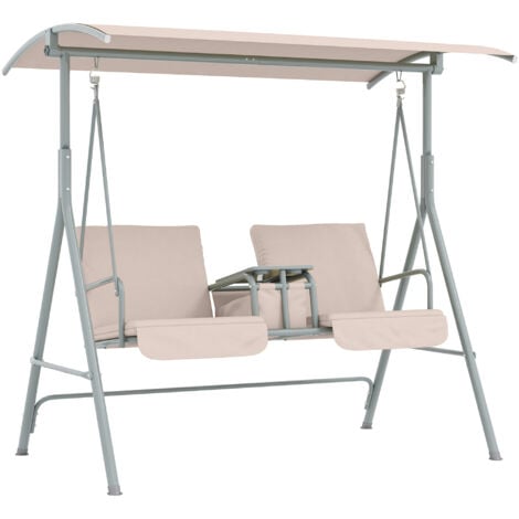 Outsunny 2 Person Covered Patio Swing with Pivot Table & Storage Console Beige
