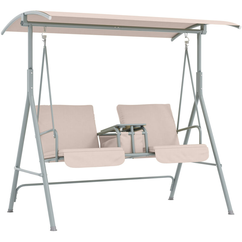 Outsunny - 2 Person Covered Patio Swing with Pivot Table & Storage Console Beige
