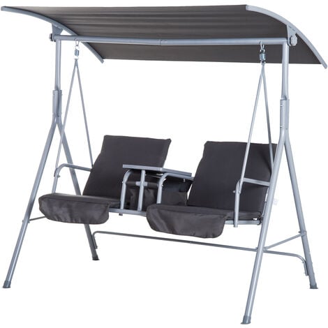 Outsunny 2 Person Covered Patio Swing with Pivot Table & Storage Console Grey