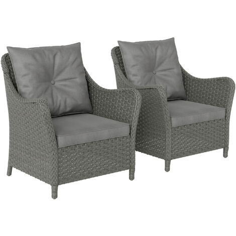 Outsunny 2 Pieces Rattan Garden Chairs, Cushioned Rattan Chairs, Dark Grey