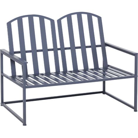 Outsunny 2 Seat Steel Patio Garden Bench Chair Slat Design Backyard Porch, Grey