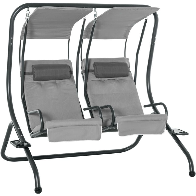 Outsunny 2 Seat Swing Chair Outdoor Garden Seat w/ Canopy Cup Holder Grey