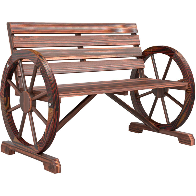 Outsunny 2 Seater Garden Bench w/ Wooden Cart Wagon Wheel Rustic High Back Brown