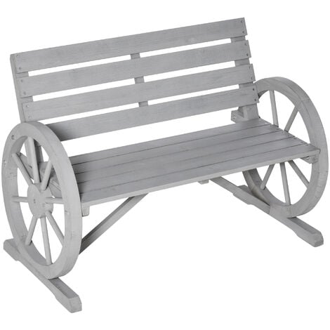 Outsunny 2 Seater Garden Bench w/ Wooden Cart Wagon Wheel Rustic High Back Charcoal grey