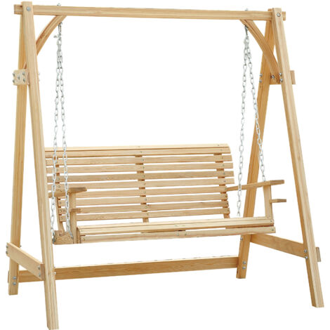 Outsunny 2 Seater Garden Swing Seat, Wooden Swing Chair Bench with Cup Holders for Outdoor Porch Patio, Natural