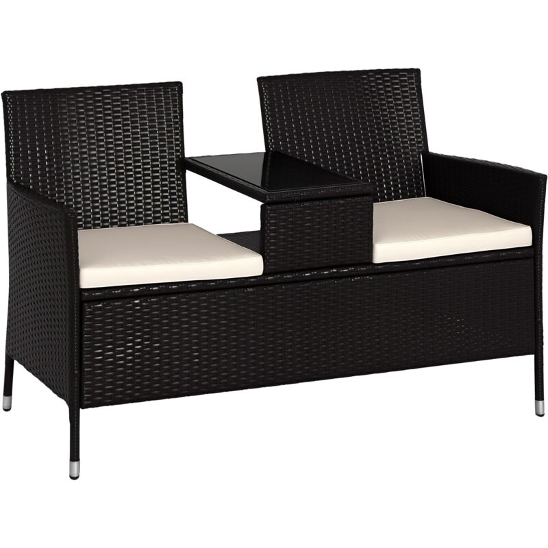 Outsunny 2 Seater Rattan Companion Chair Wicker Loveseat with Drink Table - Dark Brown