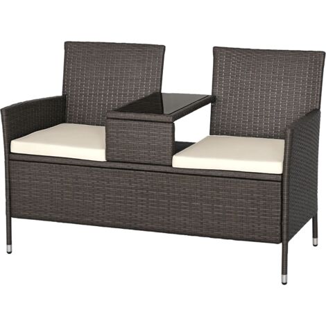 Outsunny 2 Seater Rattan Companion Chair Wicker Loveseat with Drink Table - Grey