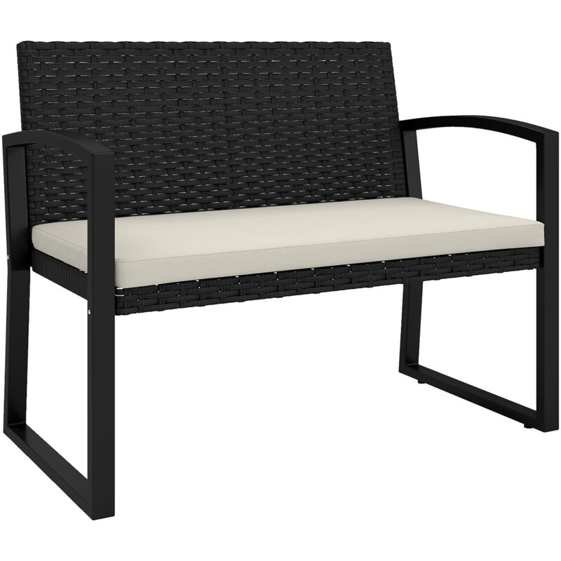 Outsunny 2 Seater Rattan Garden Bench with Cushion, Steel Frame, Black