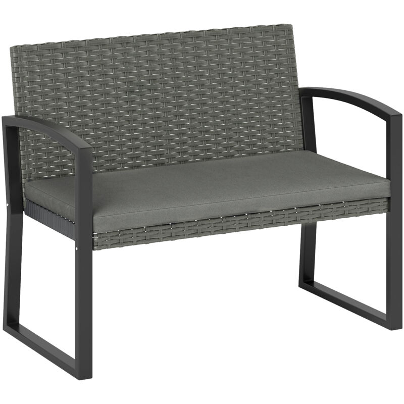Outsunny 2 Seater Rattan Garden Bench with Cushion, Steel Frame, Dark Grey