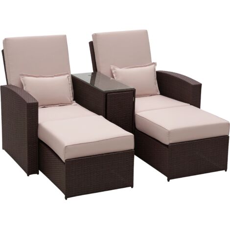 Outsunny 2-Seater Rattan Sofa Lounger Set-Brown