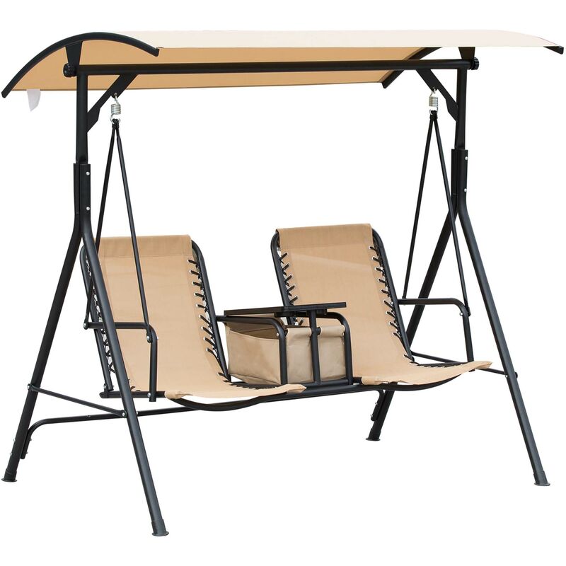 2-Seater Swing Chair Steel Frame Adjustable Canopy Sling Seats w/ Middle Table Cup Holders Heavy Duty Outdoor Garden Patio Balcony Seating - Beige