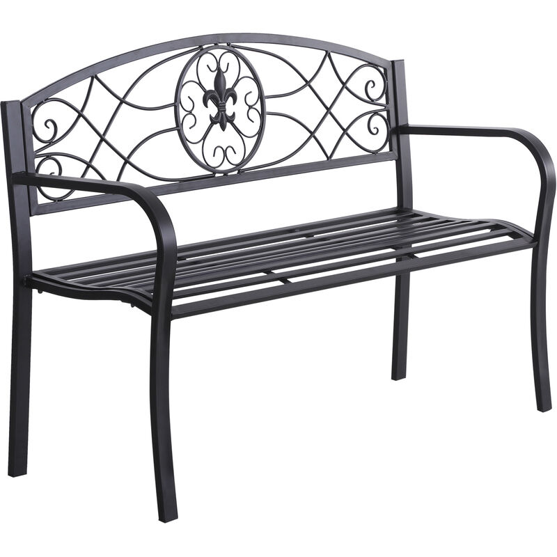 Outsunny - 2-Sitzer Sitzbank Gartenbank mit Armlehnen Metallbank Bank Landhausstil Metall Schwarz 128 x 50 x 91 cm - schwarz