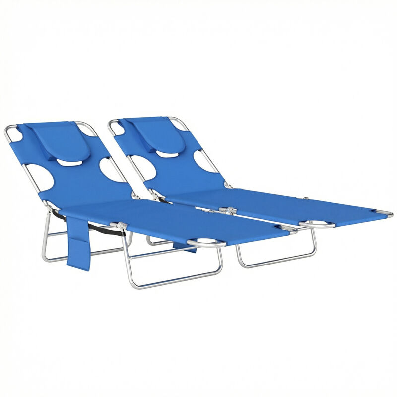 Outsunny 2 Sun Loungers with Reading Hole, Folding Garden Lounger, Blue