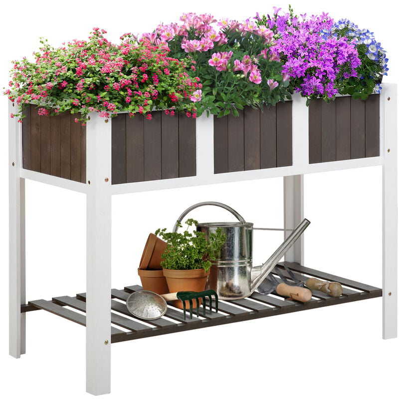 Outsunny 2-Tier Wood Elevated Garden Bed Planter Flower Herb Boxes w/ Shelf