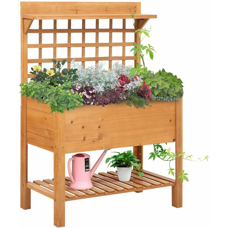 2-Tier Wooden Planter Box w/ Shelf Back Trellis Elevated Garden Bed - Outsunny