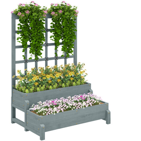 Outsunny 2-Tier Wooden Raised Bed with Trellis and Drainage Holes, Grey