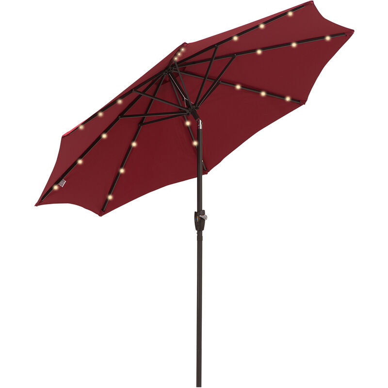 24 LED Light Parasol Tilt Sun Umbrella w/ Hand Crank - Wine Red - Outsunny