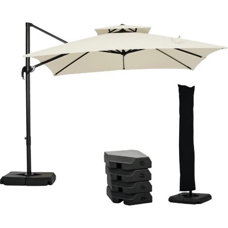 Outsunny 2.7 x 2.7 m Cantilever Parasol with Aluminium Frame, Crank and Tilt, 360-Degree Rotation, Double Top Garden Umbrella with Base and Cover, Beige