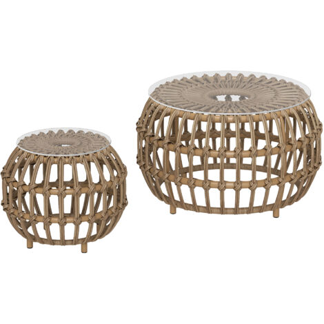 Outsunny 2er Set Beistelltisch Polyrattan Ø66/42 cm rund wetterfest Gartentisch mit Glasplatte Outdoor Balkontisch Couchtisch Gartenmöbel für Garten, Balkon Braun