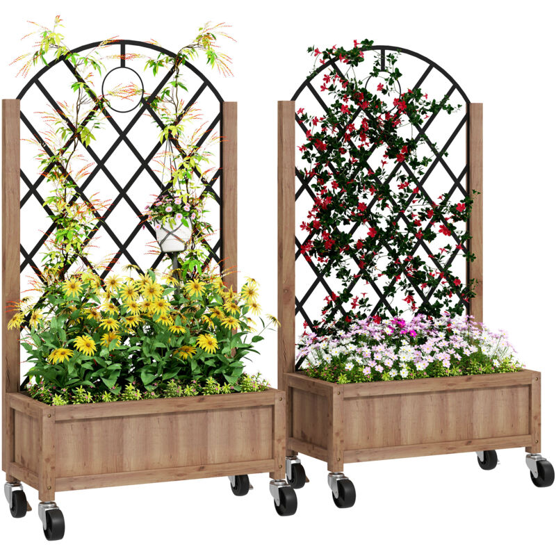 Outsunny 2er Set Hochbeet Pflanzkasten Mit Rolle, Rankgitter, Spalier Pflanzkübel Blumenkasten Holz, Gartenspalier 52x25x97cm Für Garten Balkon