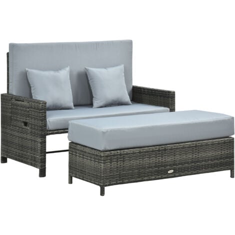 Outsunny 2er Set Rattan Sonnenliege wetterfest Gartenliege mit Armlehne Kissen 5-Fach verstellbarer Rückenlehne Fußstütze bis 220kg belastbar klappbar Outdoor Gartenmöbel für Pool, Strand Grau