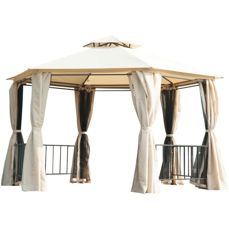 2m Hexagonal Gazebo Canopy Party Tent Garden Shelter 2 Tier Roof - Beige - Outsunny