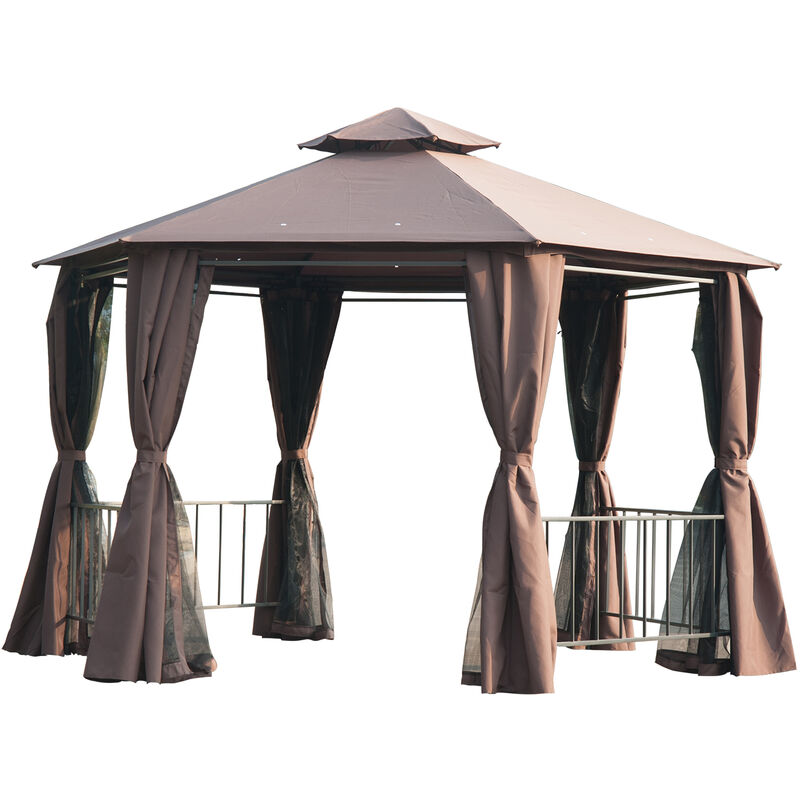 Outsunny 2m Hexagonal Gazebo Canopy Party Tent Garden Shelter 2 Tier Roof - Brown