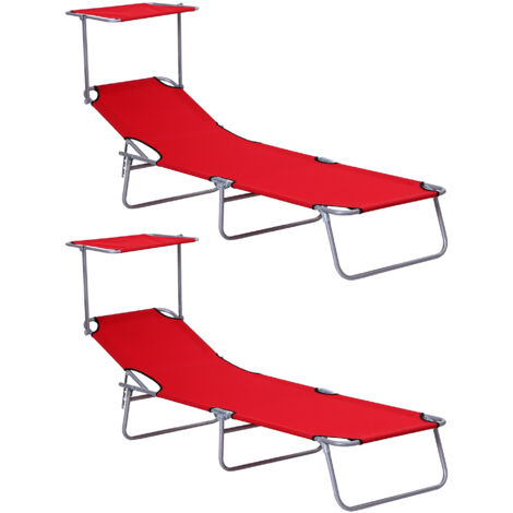 Outsunny 2pcs Folding Chair Sun Lounger w/ Sunshade Garden Recliner Hammock Red