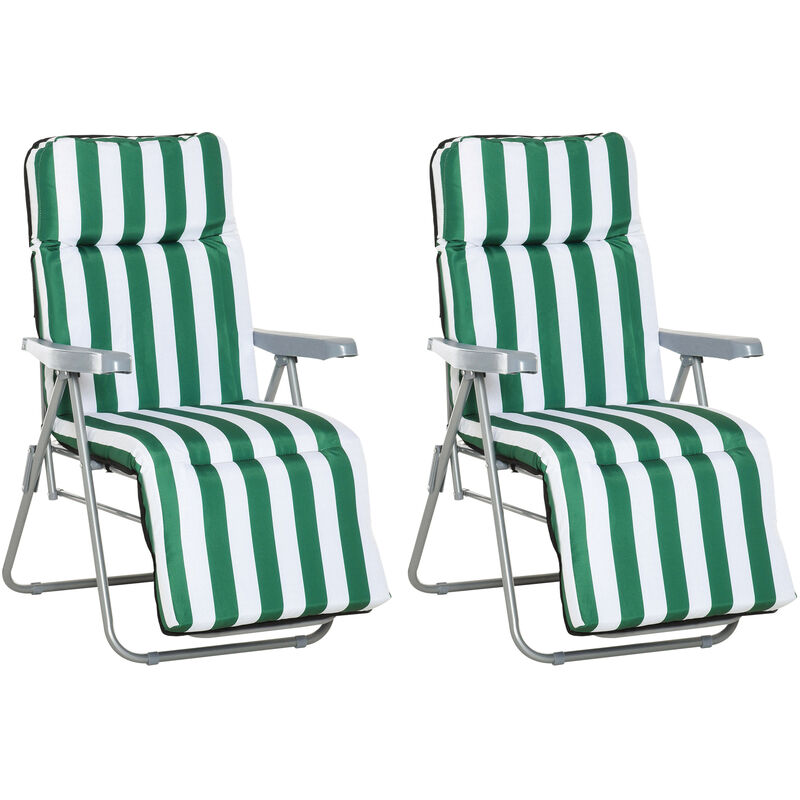 2pcs Folding Sun Loungers Recliners Adjustable - Green/White - Outsunny