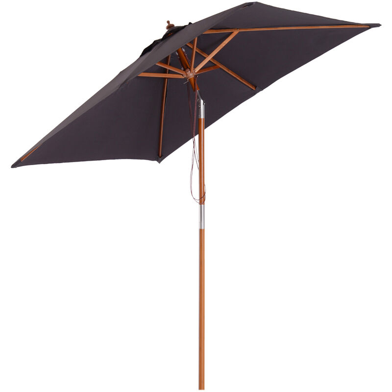 2 x 1.5m Patio Garden Parasol Sun Umbrella Sunshade Canopy Outdoor Backyard Furniture Fir Wooden Pole 6 Ribs Tilt Mechanism - Deep Grey - Outsunny