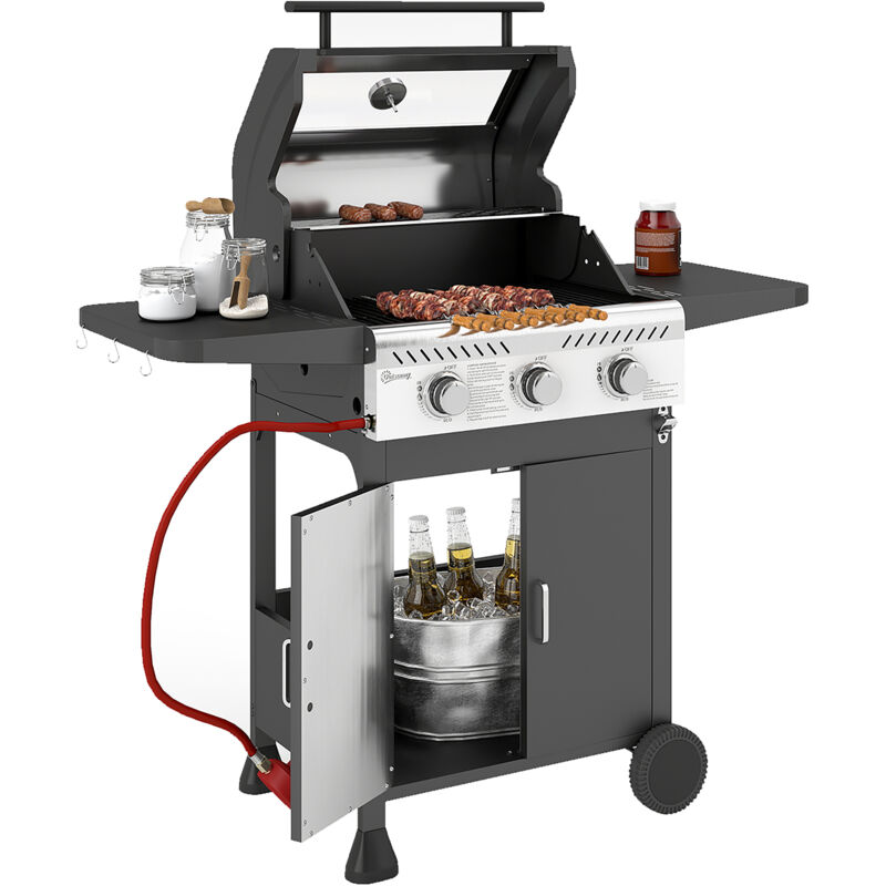Outsunny 3 Burner Propane Gas Bbq Grill with See-through Lid and Thermometer