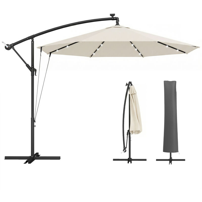 Outsunny 3 m Cantilever Parasol Solar LED Lights, Cream White