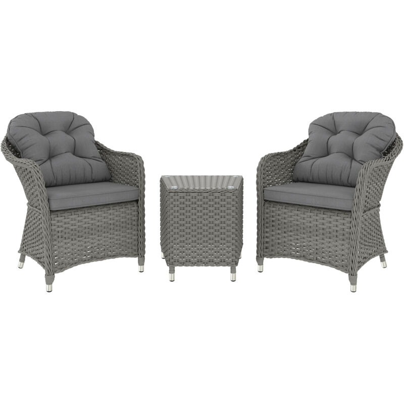 Outsunny 3 Pcs Aluminium Rattan Bistro Set with Soft Cushions & Glass Top