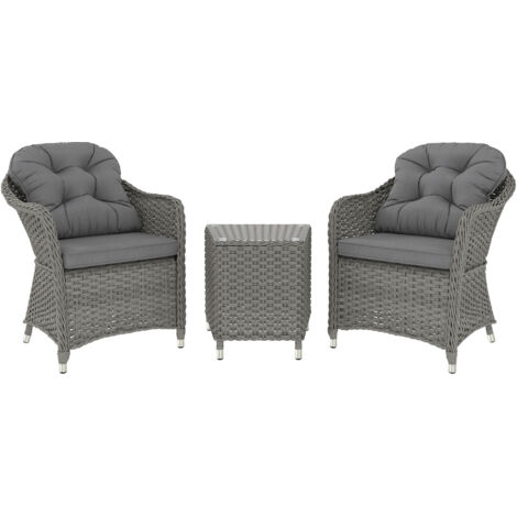 Outsunny 3 PCS Aluminium Rattan Bistro Set with Soft Cushions & Glass Top
