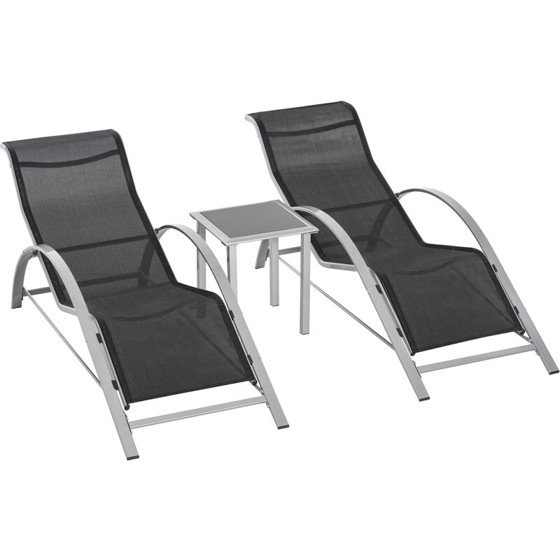 Rattan 3 Pieces Lounge Chair Set Garden Outdoor Recliner Sunbathing Chair with Table, Black - Outsunny