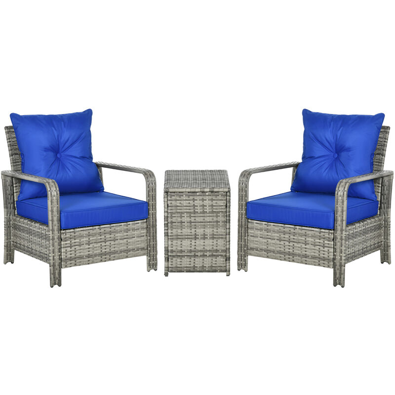 3 Pcs PE Rattan Garden Seating Set w/ 2 Chairs Storage Table Cushions Blue - Outsunny