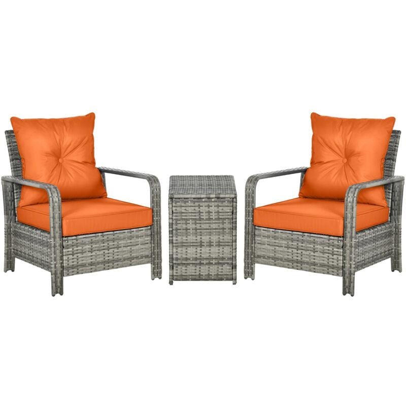 Outsunny 3 PCs PE Rattan Garden Sofa Set w/ 2 Chairs & Storage Table Orange