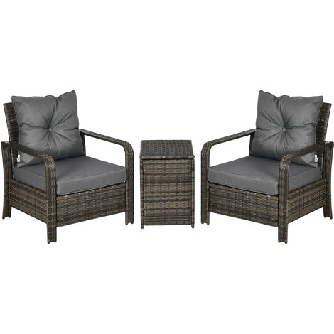 Outsunny 3 PCs PE Rattan Garden Sofa Set w/ 2 Chairs & Storage Table Grey