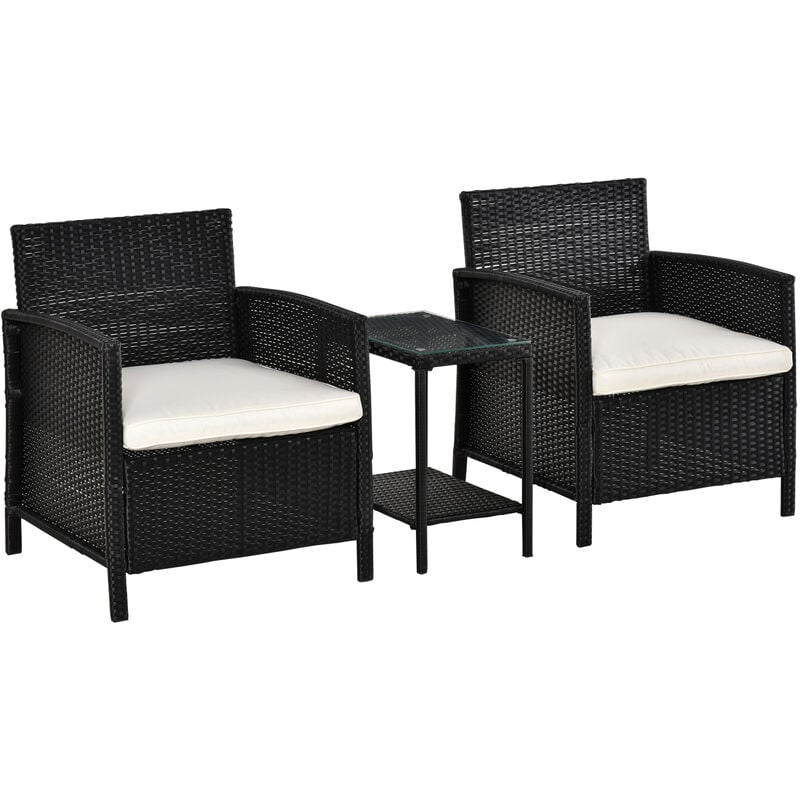 3 Pcs Rattan Chair Set w/ 2 Chairs Cushions 2-Level Table Outdoor Black - Outsunny