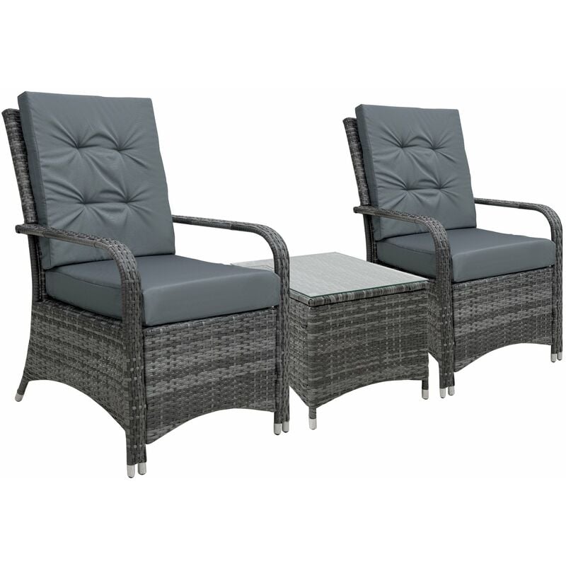3 Pcs Rattan Chair & Table Set Patio Outdoor Seating w/ Cushions Grey - Outsunny