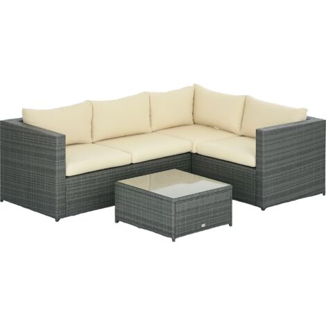 Outsunny 3 Pcs Rattan Corner Sofa Set Coffee Table Garden Furniture w/ Cushion Beige